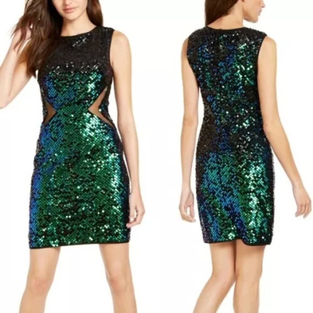 Sho by Tadashi Shoji Iridescent Green Sequin Cutout Dress Size XL NWT